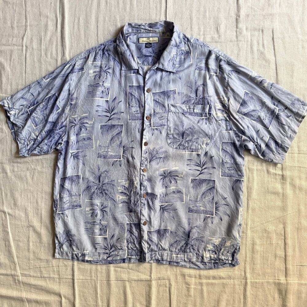 Vintage Tommy Bahama Shirt Men's XL 100% Silk Blue Hawaiian Tropical Resortwear